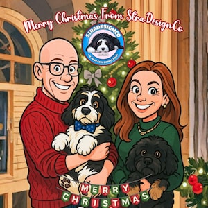 May include: A family portrait illustration with two adults and two dogs, with the text "Merry Christmas From Stra Design Co." The adults are holding the dogs, and a Christmas tree is in the background. The dogs are wearing bow ties.
