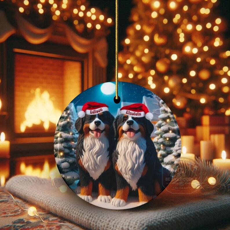 Op de afbeelding: Ronde kerstversiering met twee Berner Sennenhonden met kerstmutsen. De honden heten Edison en Einstein. De achtergrond omvat een open haard, een kerstboom en met sneeuw bedekte bomen.