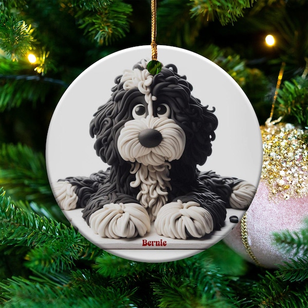 Bernedoodle Ornament, Dog Lover Gift | Sublimation Ceramic | Two-Sided Keepsake, Black White Illustration