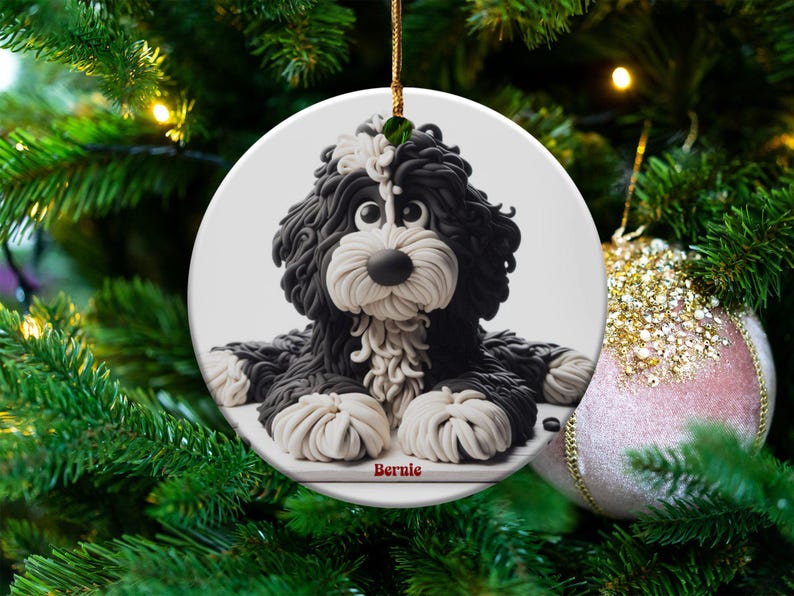 Bernedoodle Ornament, Dog Lover Gift | Sublimation Ceramic | Two-Sided Keepsake, Black White Illustration image 1