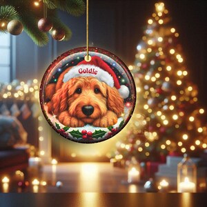 Ceramic golden doodle goldendoodle doodle dog ornament with impressive snow globe style design on both sides.  Excellent doodle mom gift.  Goldendoodle holiday heirloom gift and Christmas Tree Ornament!
