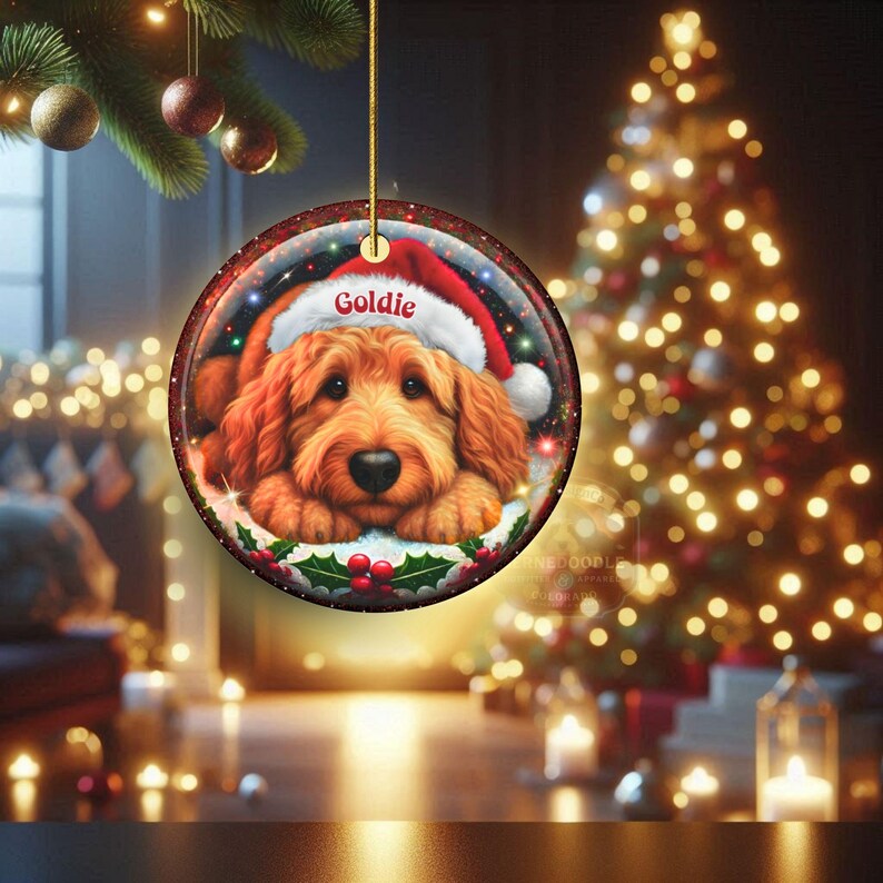 Ceramic golden doodle goldendoodle doodle dog ornament with impressive snow globe style design on both sides.  Excellent doodle mom gift.  Goldendoodle holiday heirloom gift and Christmas Tree Ornament!
