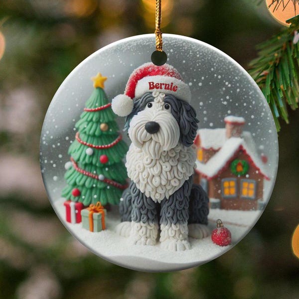 Dog Ceramic Ornament, Sheepadoodle Lover Gift - Sublimation Printed Design | 3 Inch Flat Keepsake | Holiday Tree Accent