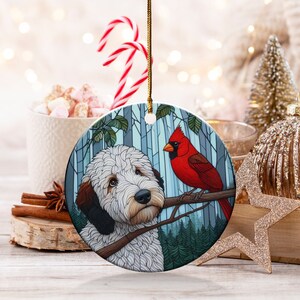 Cardinal and Goldendoodle Ceramic Ornament, Oil Paint Style Design, Cardinal Lovers Gift, Mothers Day, Bird Lover, Red Cardinal and Dog Gift