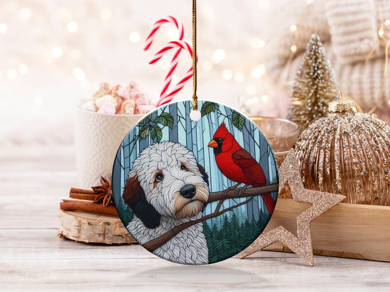 Cardinal and Goldendoodle Ceramic Ornament, Oil Paint Style Design, Cardinal Lovers Gift, Mothers Day, Bird Lover, Red Cardinal and Dog Gift