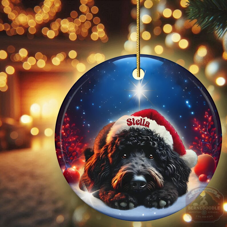 May include: Round Christmas ornament featuring a black dog wearing a Santa hat with the name "Stella" on it. The ornament has a blue background with a star and snow. The ornament is hanging from a gold string.