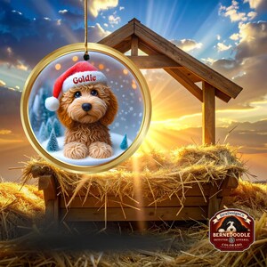 Goldendoodle ceramic 3 inch ornament in vibrant color and claymation style design.  Full gloss and printed on both sides.  It's hung with a gold string.