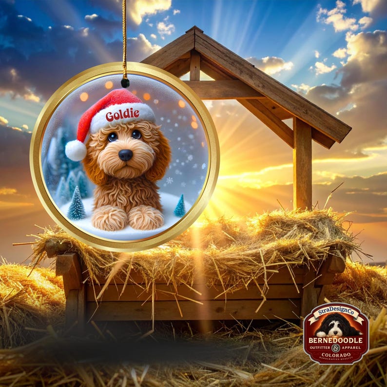Goldendoodle ceramic 3 inch ornament in vibrant color and claymation style design.  Full gloss and printed on both sides.  It's hung with a gold string.