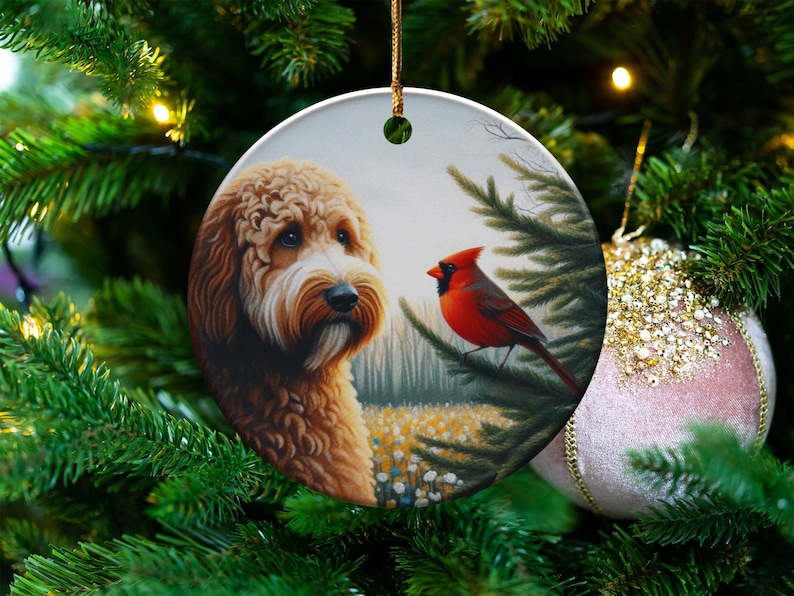 Cardinal and Doodle Dog Ceramic Ornament, Oil Paint Style Design, Cardinal Lovers Gift, Mothers Day, Bird Lovers, Custom Crafted Design Gift