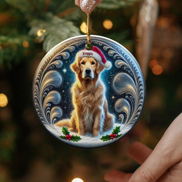 Golden Retriever Christmas Ornament, Holiday Tree Decor | Sublimation Flat Ceramic | Two Sided Print, Pet Lover Gift