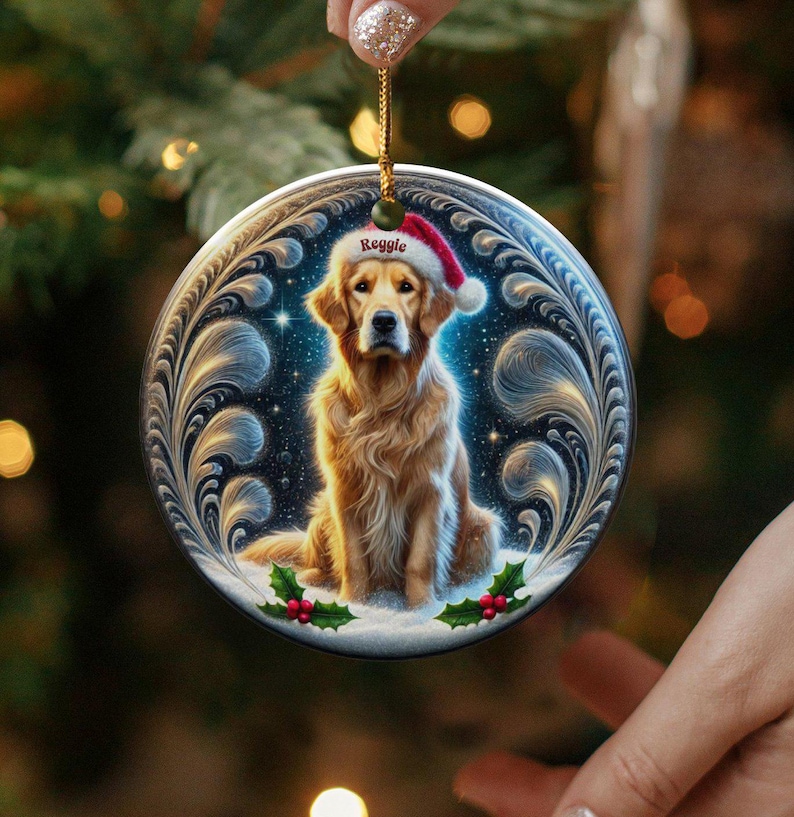 Golden Retriever Christmas Ornament, Holiday Tree Decor | Sublimation Flat Ceramic | Two Sided Print, Pet Lover Gift image 1