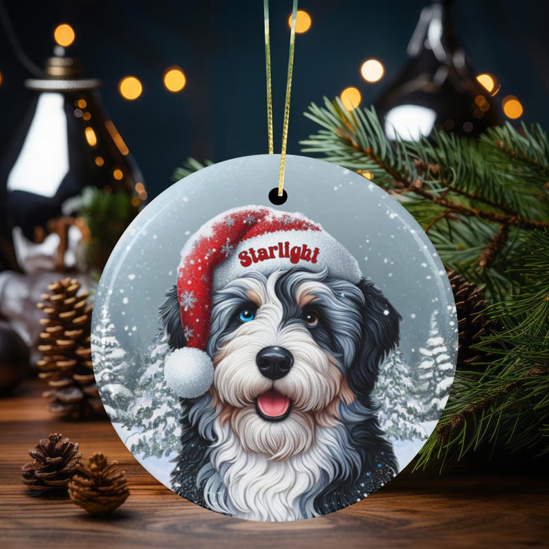 Merle Bernedoodle Ceramic Ornament, showcasing stunning blue and brown eyes. Personalized ornament with your dogs name