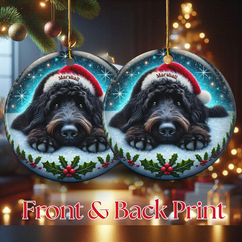 Personalized Black Doodle Dog Christmas Ornament - Festive Ceramic Decoration | Sublimation | 3 Inch Custom Pet Tree Keepsake image 3