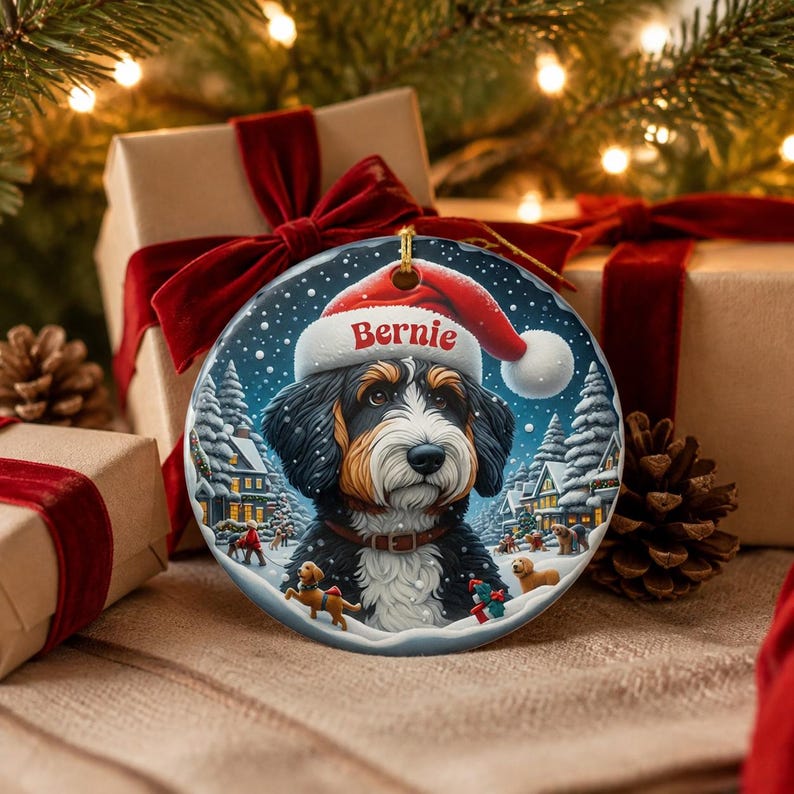 A Christmas ornament featuring a Bernese mountain dog wearing a Santa hat, surrounded by a snowy winter scene with pine trees and houses.
