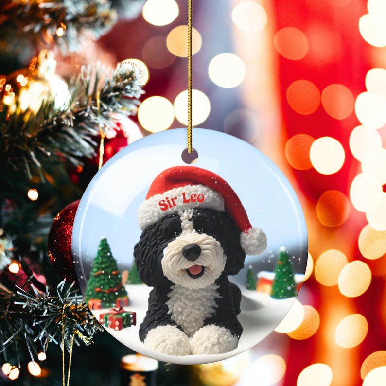 Bernedoodle Ornament, Personalized Ceramic Keepsake | Double Sided Sublimation | Custom Holiday Dog Name Decor image 8
