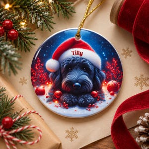 May include: A round ceramic Christmas ornament featuring a black dog wearing a red Santa hat with the name Tilly printed in red. The background shows a snowy scene with red berries and glowing lights, suspended by a gold cord.