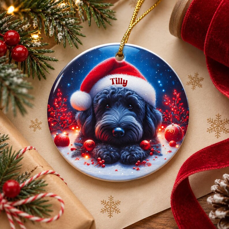 May include: A round ceramic Christmas ornament featuring a black dog wearing a red Santa hat with the name Tilly printed in red. The background shows a snowy scene with red berries and glowing lights, suspended by a gold cord.