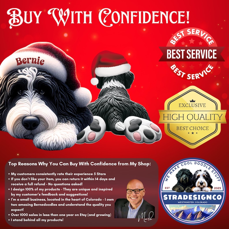 K&ouml;nnte beinhalten: Festliches Bild mit zwei Bernedoodle-Hunden, die Weihnachtsm&uuml;tzen auf rotem Hintergrund tragen. Der Text "Buy With Confidence" steht oben. Das Bild enth&auml;lt auch Auszeichnungen f&uuml;r "Best Service" und "High Quality".