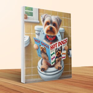 Humoristisk canvastavla med Yorkshire terrier-motiv: Rolig badrumsdekoration för hundälskare bild 1