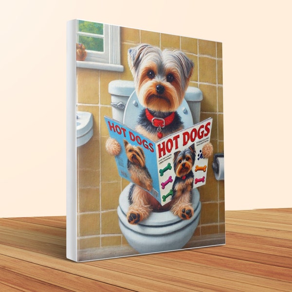 Humorous Yorkie Toilet Canvas Art: Funny Dog Lover Bathroom Decor
