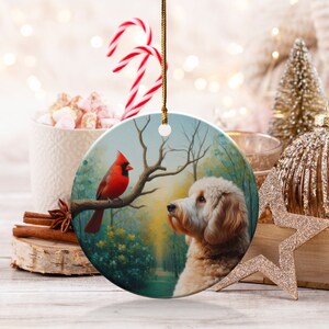 Cardinal and Doodle Dog Ceramic Ornament, Oil Paint Style Design image 6