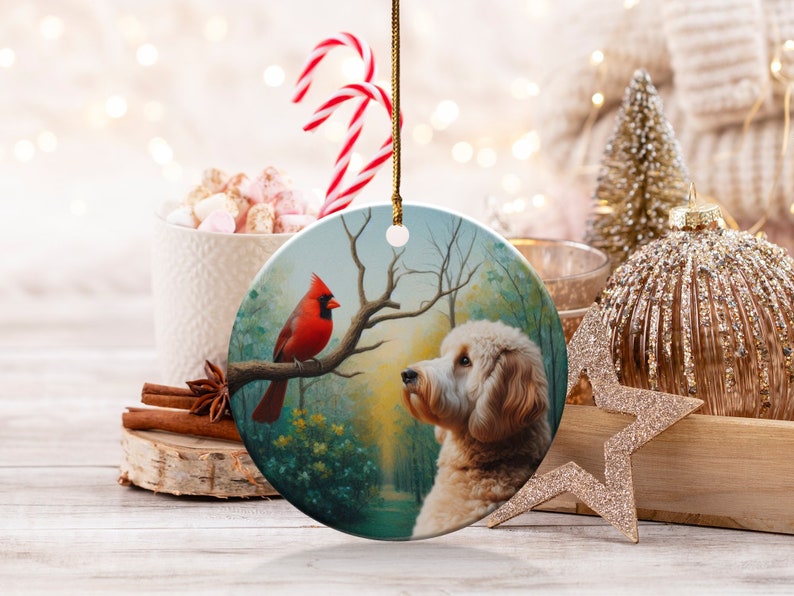 Cardinal and Doodle Dog Ceramic Ornament, Oil Paint Style Design image 6