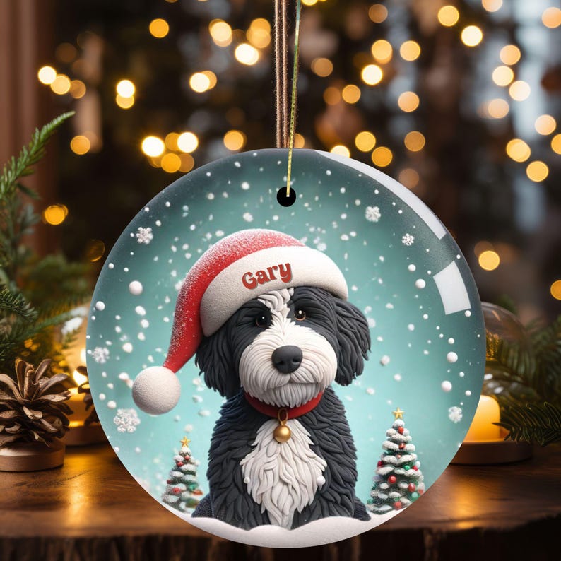 Celebrate the holidays with this adorable Bernedoodle Christmas ornament! Featuring a charming claymation-style Bernie in a Santa hat, surrounded by snowflakes and festive trees, this ornament adds warmth and joy to any holiday decor. For dog lovers!
