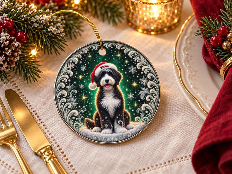 May include: A round ceramic Christmas ornament featuring a black and white dog wearing a red Santa hat with the name Stella printed on the brim. The dog sits against a dark green background with white snowflakes, gold stars, and a silver filigree border.