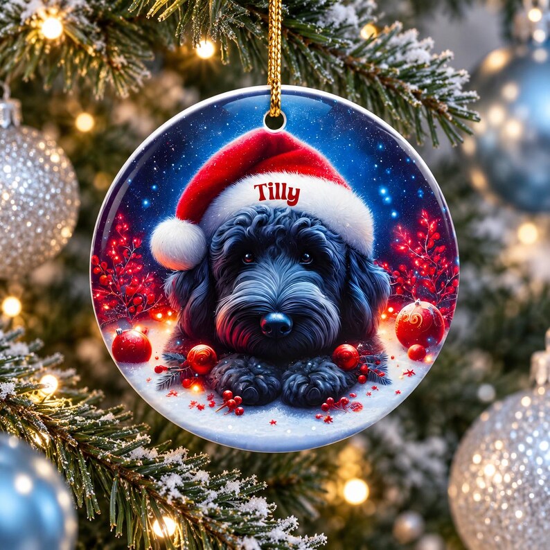 May include: A round ceramic Christmas ornament featuring a fluffy black dog wearing a red Santa hat with the name Tilly printed on the brim. The background shows a snowy scene with red berries and glowing red ornaments under a starry sky.