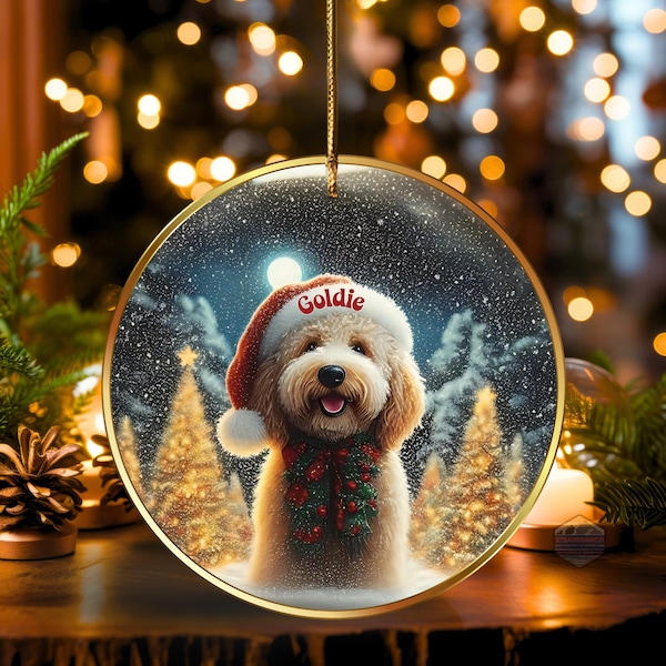 Goldendoodle Santa Hat Ceramic Ornament, Custom Pet Keepsake - Sublimation Two-Sided Holiday Doodle Decor, Dog Lover Gift