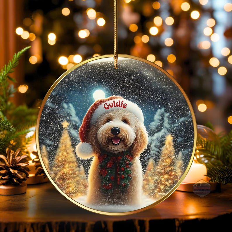 May include: A round Christmas ornament featuring a dog wearing a Santa hat with the name "Goldie" on it. The dog is surrounded by a snowy winter scene with Christmas trees and a full moon. The ornament has a gold-colored frame.
