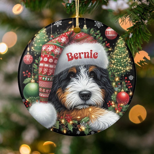 Santa Hat Ceramic, Bernedoodle Christmas Ornament - Custom Tree Decoration | Sublimation Printed | 3 Inch Dog Keepsake
