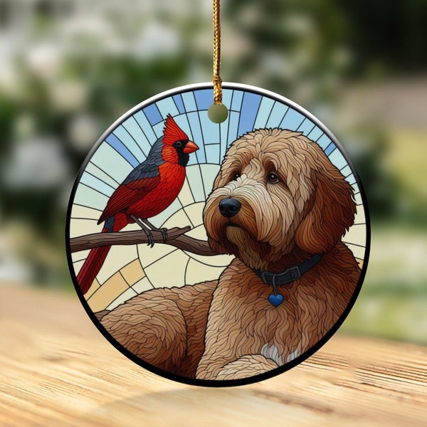 Stained Glass Cardinal and Goldendoodle Ceramic Ornament