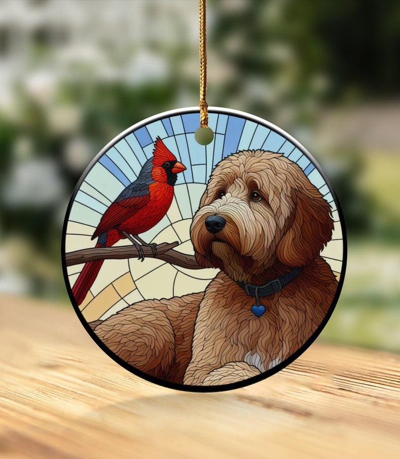 Cardinal and Goldendoodle Ornament, Stained-Glass Looking Design, Cardinal gift, Mothers Day Gift, Bird Lovers Gift, Dog Mom Gifts