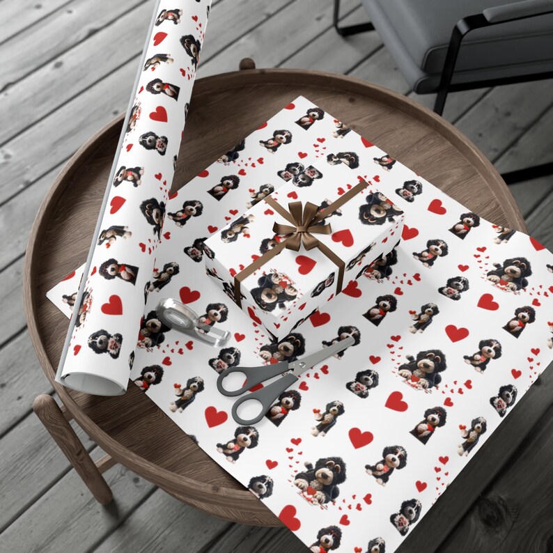 Bernedoodle wrapping paper for all occasions, valentines wrapping paper,valentines wrap, gift wrap bernedoodle, doodle paper, doodle gift wrap, birthday bernedoodle wrap, goldendoodle, merle doodle, doodle paper gifting.