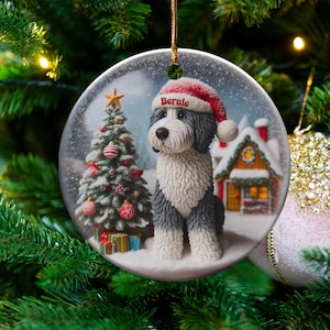 Dog Ceramic Ornament, Sheepadoodle Keepsake - Sublimation Art | Festive Dog Decor, Double Sided Artwork | 3 Inch Christmas Gift image 1