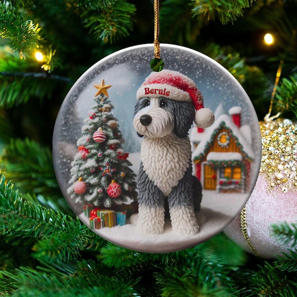 Dog Ceramic Ornament, Sheepadoodle Keepsake - Sublimation Art | Festive Dog Decor, Double Sided Artwork | 3 Inch Christmas Gift