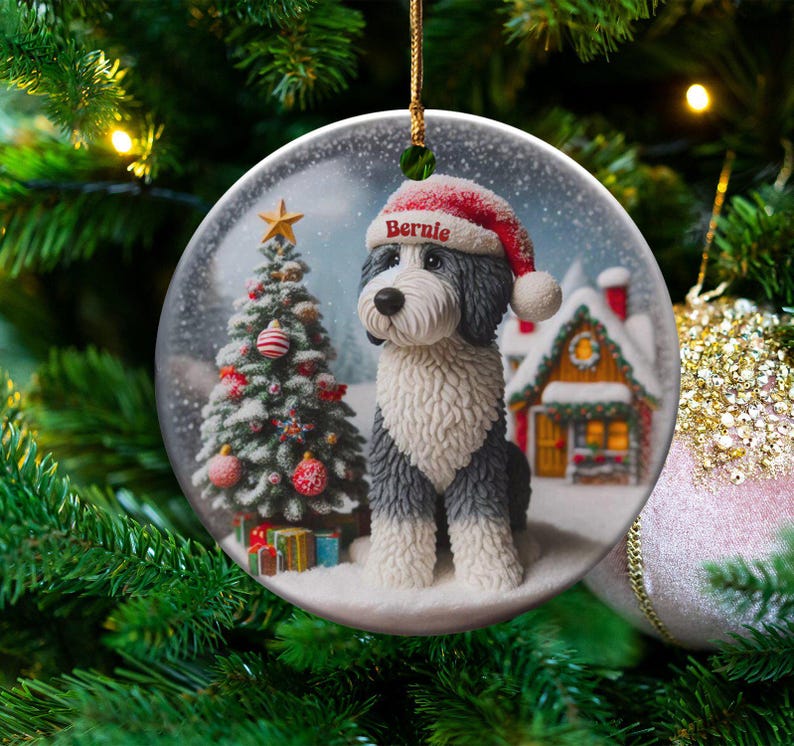 Dog Ceramic Ornament, Sheepadoodle Keepsake - Sublimation Art | Festive Dog Decor, Double Sided Artwork | 3 Inch Christmas Gift image 1