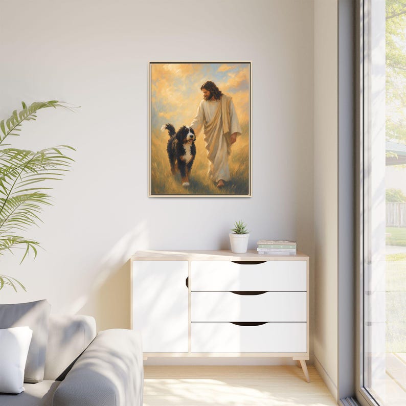 Jesus With Bernedoodle Framed Canvas image 5