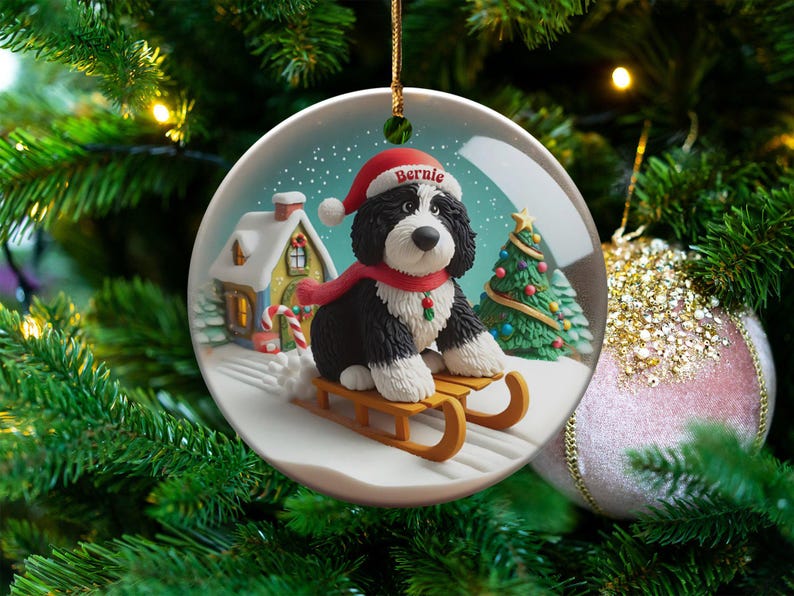 Dog Sled Snowglobe, Custom Bernedoodle Ornament | Ceramic | Double-Sided Sublimation Print, Holiday Tree Charm, 3 Inch immagine 8