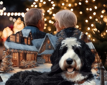 May include: A cozy blanket featuring a winter scene with a snow-covered house and a black and white dog. The blanket is draped over a couple, with a blurred background of Christmas lights.