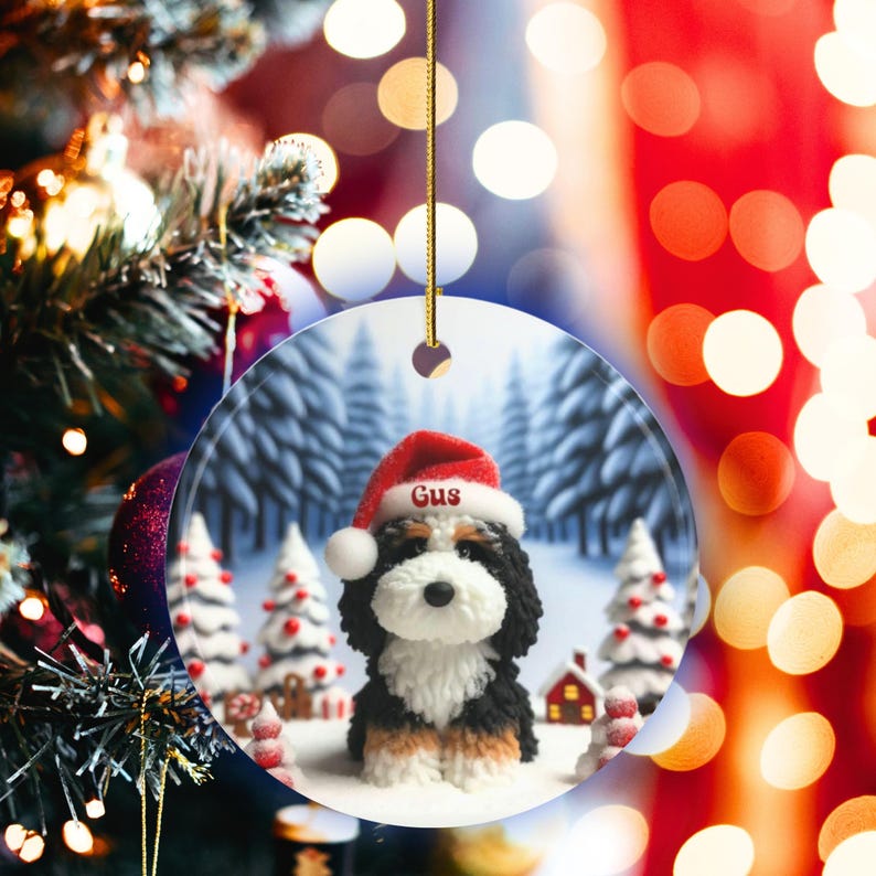 Kerstornament, Bernedoodle aandenken - Sublimatie glanzend keramiek - Kerstmuts met naam, Kerstboomdecoratie met huisdierthema, cadeau afbeelding 14