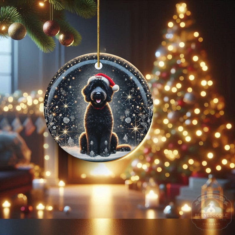 May include: A round Christmas ornament featuring a black dog wearing a Santa hat and red collar, set against a snowy winter scene. The ornament is hanging from a gold string, with a Christmas tree and other decorations in the background.