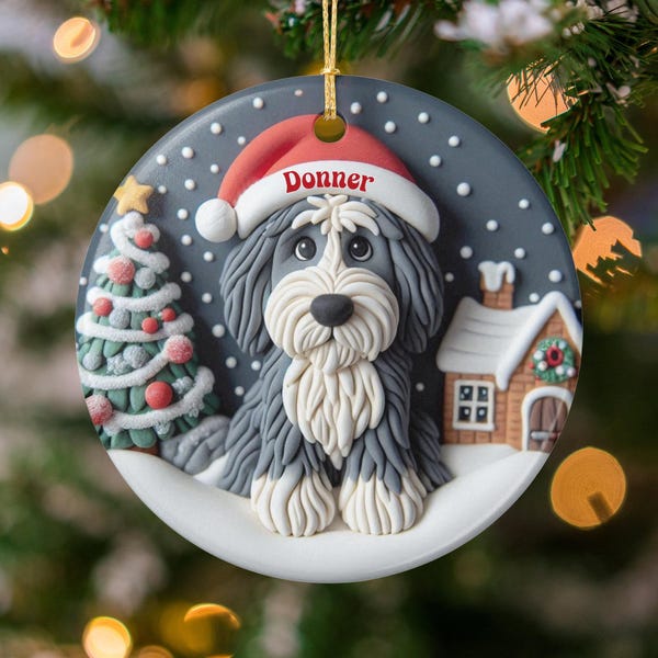 Personalized Sheepadoodle Ceramic Ornament: Snow Globe Scene - Christmas Dog Decor, Custom Keepsake, Double Sided Sublimation