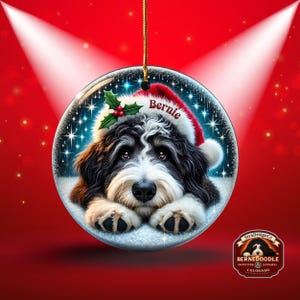May include: A round Christmas ornament featuring a black and white Bernedoodle dog wearing a Santa hat with the name "Bernie". The ornament has a gold string for hanging and is set against a red background with spotlights.