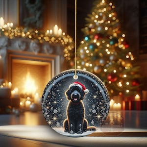 May include: A round Christmas ornament featuring a black dog wearing a Santa hat, set against a snowy, starry background. The ornament is suspended by a gold string, with a Christmas tree and fireplace visible in the background. The ornament has the word "Teddy" on the hat.