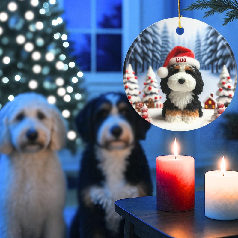 Bernedoodle claymation style ornament made of ceramic, hanging by a gold string.  Winter scene featuring a cute, personalized doodle dog with personalized name on santa hat.  Perfect gift for Bernedoodle Dog Lovers and Pet Enthusiasts.