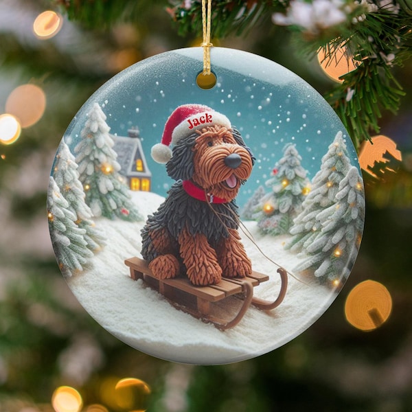 Bernedoodle Ornament, Custom Dog Name - Santa Hat Ceramic Keepsake | Double Sided Sublimation | Holiday Tree Decor Gift