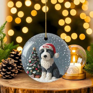 Personalized Sheepadoodle Christmas Ornament, Snow Globe Art Dog Keepsake | Two-Sided Ceramic 3 Inch | Doodle Mom Gift image 4