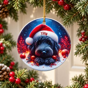 May include: A round ceramic Christmas ornament featuring a fluffy black dog wearing a red and white Santa hat. The name Tilly is printed in red on the hat brim. The background shows a snowy scene with red berries and glowing lights.